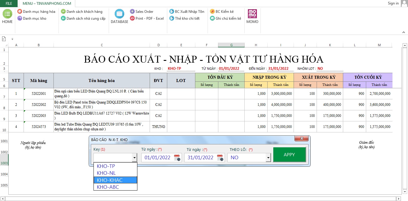 Phần mềm xuất nhập tồn bằng Excel miễn phí 2022 7 phan mem xnt 2022 tinvanphong com